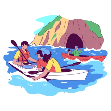A group of three individuals is kayaking along a rugged coastline with steep cliffs and rocky outcroppings. The first person, wearing a red life jacket, is paddling actively while looking towards a hidden sea cave. The second person, dressed in a yellow shirt, is taking a photo of the cave entrance while their kayak drifts gently. The third individual, in a blue cap, is leaning over the side of their kayak to observe the sea life beneath the water's surface. The waves are gently lapping against the kayaks as the sun casts a warm glow over the scene, enhancing the vibrant colors of the coastline.