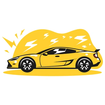 A silhouette of a car, defined by sharp lines and curves. The design features bold, abstract lightning bolt shapes integrated into the car's outline. The lightning bolts are dynamic and jagged, radiating energy. The overall composition highlights the car's sleek form while emphasizing the striking patterns of the lightning bolts throughout the design. The image captures a sense of motion and power, with the car's presence framed by the electrifying patterns.