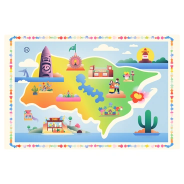 A colorful map fills the canvas, featuring diverse landmarks and cultural symbols from various regions across the nation. In the northern section, a towering mountain is depicted alongside a traditional totem pole, representing indigenous culture. To the east, a historic lighthouse stands on a cliff, with a nearby coastal village illustrated in intricate detail. The southern part of the map showcases a vibrant carnival scene, complete with dancers in elaborate costumes and a parade float adorned with flowers. In the west, a sprawling desert is depicted with a prominent cactus and a local market with colorful stalls. The map is rich with colors, with blue lakes and green forests, and bordered by decorative patterns symbolizing the nation's heritage.