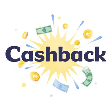 An explosion of shiny gold and silver coins is scattering across the image, creating a dynamic and energetic scene. Among the coins, crisp green and brown bills are also flying through the air, adding to the sense of movement. In the center, the word "Cashback" appears in bold letters, prominently displayed against the backdrop of the coins and bills, emphasizing the theme of money and rewards. The coins reflect light, creating a sparkling effect, while the bills have clear denominations visible.
