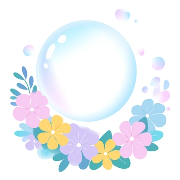 A large soap bubble is floating in the air, reflecting a spectrum of colors in the sunlight. The bubble appears delicate, with a slight iridescence creating a shimmer on its surface. Surrounding the bubble is a lush garden filled with vibrant flowers in various shades of pink, yellow, and blue. The flowers are in full bloom, with their petals wide open, creating a visually rich and colorful background. The scene captures the moment just before the bubble pops, emphasizing its fragile beauty amidst the flourishing garden.