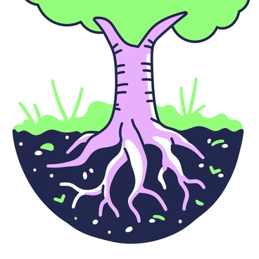 A close-up view of a tree's roots extending into the soil. The roots are thick and gnarled, showcasing their strength as they anchor firmly in the dark, fertile soil. Surrounding the roots, there are small pebbles and patches of green grass, emphasizing the richness of the earth. Above the roots, a section of the tree trunk is visible, with textured bark and a few low branches. Sunlight filters through the leaves above, casting dappled shadows on the ground around the roots.