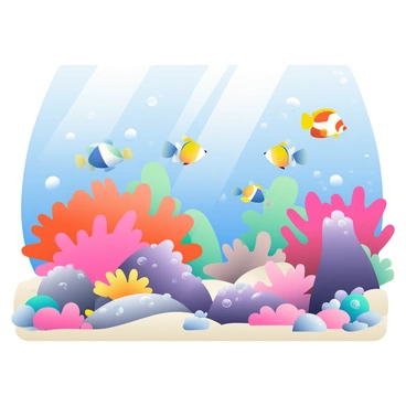 An underwater scene with sharp illustrations of vibrant coral reefs and colorful fish swimming.