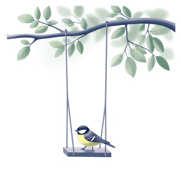 A small swing hangs from a sturdy branch of a tree. A great tit with a distinctive yellow and black plumage is perched on the swing, its small feet gripping the rope. The bird is facing forward, with its head slightly tilted, while its wings are tucked against its body. Surrounding the swing are green leaves, softly swaying in the gentle breeze. The background features a blurred representation of the tree canopy, creating a sense of depth and natural habitat.
