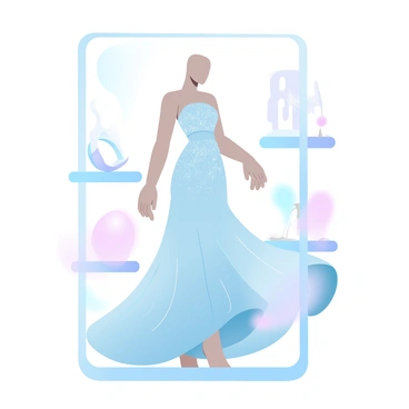 A fashion mannequin is standing in a storefront window, dressed in an elegant evening gown made of flowing fabric. The gown features intricate patterns and a shimmering texture that catches the light. The mannequin has a graceful pose, with one arm slightly raised and the other at its side. Surrounding the mannequin are various stylish accessories displayed on sleek pedestals. The storefront window is adorned with soft, gradient pastel colors, creating a cohesive and inviting atmosphere.