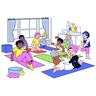 A playroom filled with bright colors and playful decor. There are several children participating in a pilates session, each wearing comfortable athletic clothing. The children are using colorful mats, with shades of blue, red, green, and yellow arranged on the floor. Some children are stretching and practicing poses, while others are laughing and interacting with each other. Soft toys are scattered around the room, adding to the playful atmosphere. A large window allows natural light to fill the space, creating a vibrant and inviting environment.