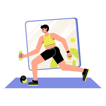 A fitness enthusiast performing reverse lunges in front of a large gym mirror. The person has an athletic build and is wearing a bright-colored tank top and black workout shorts. Their legs are positioned in a lunging motion, with the back leg bent and the front leg extended forward. Nearby, there are two dumbbells resting on a blue exercise mat. The gym environment has bright lighting, and various exercise equipment can be seen in the background.