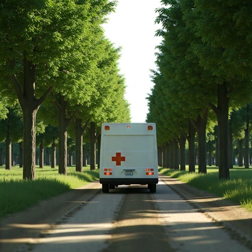 A white medical transport van with a red cross symbol on the side, driving along a narrow dirt road. The van is surrounded by tall, dense trees with rich green foliage on both sides, creating a natural tunnel effect. Sunlight filters through the leaves, casting dappled shadows on the ground. The road is slightly uneven, with patches of mud and gravel. The atmosphere is tranquil, with the sounds of nature in the background.