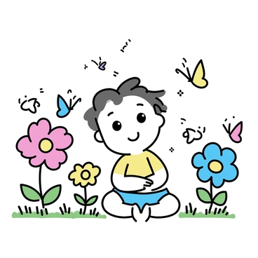 A baby, with big curious eyes and tousled hair, is sitting on the grass in a garden. Surrounding the baby are oversized flowers in bright colors like red, yellow, and blue. Colorful fairies with delicate wings are fluttering around the flowers. Some fairies are hovering close to the baby's face, while others are playing among the petals and leaves. The scene is filled with a sense of wonder and exploration.