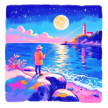 A lone fisherman stands on a rocky shore, casting his fishing line into the calm sea. He is wearing a wide-brimmed hat and a light jacket. The moon's glow reflects on the water, creating a shimmering path of light. The night sky is scattered with stars, adding to the tranquility of the scene. In the background, gentle waves lap at the rocks, while a distant lighthouse can be faintly seen, illuminating the landscape.