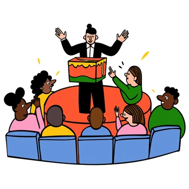 A magician with light skin and short black hair is standing center stage, wearing a classic black tuxedo with a white bow tie. He is holding a large, decorated box, gesturing dramatically towards the audience. Around him, several audience members of various skin tones are sitting on the edge of their seats, their faces showing curiosity and intrigue. One audience member with curly hair is leaning forward, squinting as they try to find clues behind the magician's illusion. Another audience member with straight hair is whispering to a friend, pointing at the magician with wide eyes. The atmosphere is filled with excitement and anticipation, as the audience eagerly tries to decipher the magic trick.