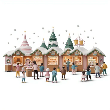 A bustling Christmas market with many wooden stalls decorated with twinkling lights and colorful garlands. Each stall displays a variety of festive treats, such as gingerbread cookies, hot chocolate, and roasted chestnuts. People are browsing the offerings, while others enjoy warm drinks in festive mugs. In the background, a large Christmas tree is adorned with shiny ornaments, creating a cheerful atmosphere. Snowflakes gently fall from the sky, adding to the holiday spirit. Some children are laughing and playing near a carousel, while others are admiring handmade decorations displayed at the stalls.