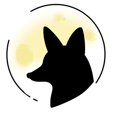 A fox head silhouette, with pointed ears and a distinct snout, positioned prominently in the center of the image. The silhouette is black and contrasts sharply against a large, glowing full moon that fills the background. The moon is detailed with visible craters and texture, radiating soft light. The overall composition emphasizes the striking outline of the fox against the bright circular shape of the moon.