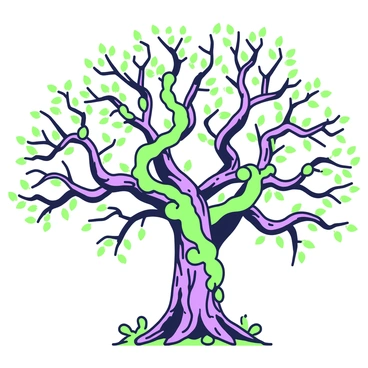 An ancient oak tree stands tall with a thick, gnarled trunk. Its branches extend outward, twisting and turning in various directions. The branches are densely covered with vibrant green ivy that has wrapped itself around them, creating a natural tapestry. Small leaves of the ivy cascade down from the branches, while the bark of the oak tree is textured and rugged, showcasing its age. The ground around the base of the tree is scattered with fallen leaves, enhancing the natural setting.