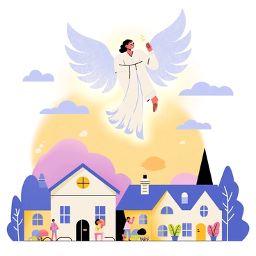 A celestial guardian with large, shimmering wings hovers above a peaceful village. The guardian has a soft, glowing aura surrounding them, illuminating the clouds. Below, the village is depicted with quaint houses, cobblestone streets, and small gardens filled with colorful flowers. Wisps of white clouds drift around the guardian, creating a serene atmosphere. The sun is setting in the background, casting warm hues of orange and pink across the sky. The villagers can be seen enjoying their evening, unaware of the guardian watching over them.