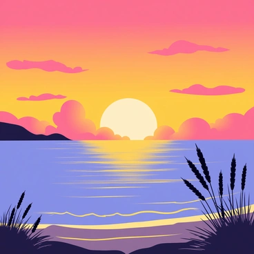 A dramatic sunset over the ocean fills the scene with vibrant colors. The sky transitions from deep orange at the horizon to soft purple higher up. The sun is partially hidden by fluffy clouds, casting golden reflections on the water. Gentle waves ripple across the ocean's surface, creating sparkling highlights. The foreground features silhouetted sea oats swaying slightly in the breeze, adding depth to the composition. The setting is presented on a 9x12 illustration board, showcasing the beauty of the sunset by the sea.
