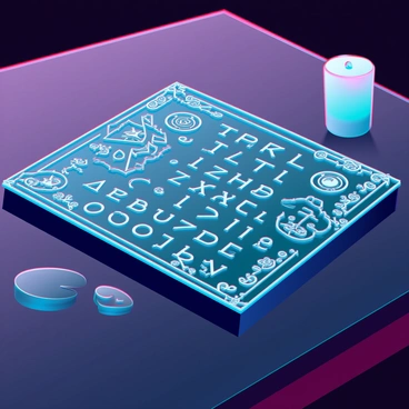 A detailed close-up of an ornate, antique Ouija board resting on a dark wooden table. The board features intricate carvings of celestial symbols and mystical motifs, with a glossy finish that reflects light. The letters of the alphabet are beautifully etched into the surface, surrounded by delicate floral designs. A planchette, adorned with ornate designs, rests on the board, suggesting it has just been used. Soft shadows from candlelight flicker across the scene, enhancing the mysterious aura of the setting.