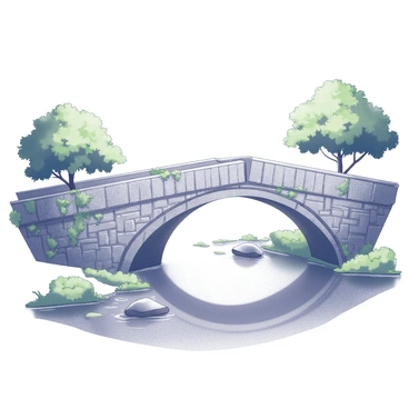 An old stone bridge arches gracefully over a calm river. The bridge features intricate stonework, with moss and small plants growing in the crevices. The water flows smoothly beneath it, reflecting the structure above. On either side of the riverbank, there are lush green trees providing shade and a sense of tranquility. A few rocks are visible in the shallow areas of the river, adding to the natural scenery. The sky above is clear, contributing to a peaceful atmosphere.