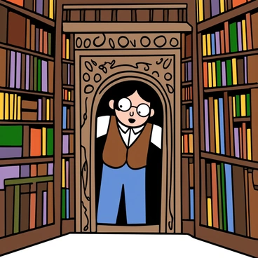 A character with light skin and big eyes is standing in the middle of an ancient library filled with towering bookshelves and dusty old books. The character has medium-length black hair, wearing a brown vest over a white shirt and navy blue pants. They are leaning forward with an expression of surprise as they uncover a hidden passageway behind a large, ornate bookshelf. Soft beams of light are shining through the passage, illuminating intricate carvings on the wall. The atmosphere is filled with a sense of wonder and curiosity.
