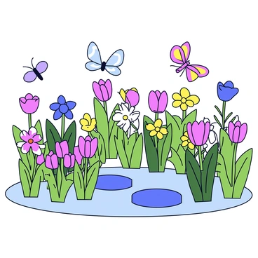 A lush backyard garden filled with various blooming plants in vibrant colors. The garden features multiple flower types, including tulips, daisies, and roses, each showcasing their unique shapes and hues. Butterflies flutter among the flowers, with their wings displaying intricate patterns and colors. The garden is neatly arranged, with a small stone path weaving through the plants.