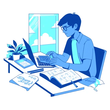 A blue student is sitting at a white study desk, focused on using a calculator. The desk is cluttered with various study materials, including open notebooks, pens, and a laptop. The student has short black hair and is wearing glasses, looking intently at the calculator screen. There is a small green plant in a white pot on the corner of the desk, adding a touch of nature to the workspace. Sunlight is streaming through a window, illuminating the scene.