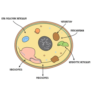 A detailed illustration of an animal cell as seen under a microscope. The cell has a round shape with a semi-transparent membrane surrounding it. Inside, various organelles are visible, including a large nucleus in the center, which contains dark-colored chromatin. Mitochondria, shaped like small ovals with squiggly lines inside them, are scattered throughout the cytoplasm. Ribosomes appear as tiny dots in the background. The endoplasmic reticulum is depicted as a network of folded membranes close to the nucleus. Each part of the cell is clearly labeled with arrows pointing to them, showing their names like "Nucleus," "Mitochondria," and "Ribosomes." The background is a soft color to emphasize the animal cell structure.