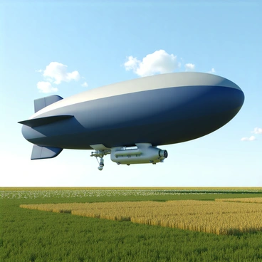 A massive airship with a sleek, elongated body and a distinctive propulsion system. The airship is painted in shades of deep blue and silver, with large cargo compartments visible on its underside. It is floating gracefully over expansive green fields dotted with wildflowers. The fields stretch out below, with patches of golden wheat swaying in the breeze. The sky above is clear with a few fluffy white clouds, creating a vibrant backdrop for the airship's presence.