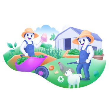 A vibrant farm scene featuring cartoonish "lysosomes" depicted as cheerful farm hands. Each lysosome is wearing a straw hat and overalls, actively managing waste on the farm. One lysosome is seen collecting organic waste in a wheelbarrow, while another lysosome is composting materials in a bin. There are farm crops growing in the background, along with a barn and a clear blue sky. Small animals, such as chickens and a goat, wander around, adding life to the scene.