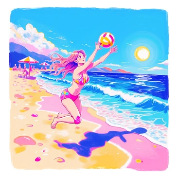 An anime girl with long flowing hair is jumping in the air to spike a volleyball. She is wearing a vibrant sporty bikini in bright colors. The beach is filled with golden sand and gentle waves crashing in the background. The sun is shining brightly in a clear blue sky. In the distance, there are a few beach umbrellas and people enjoying the sun. The volleyball is flying towards her, showcasing her athleticism. Her expression is focused and determined, embodying the energy of the game.