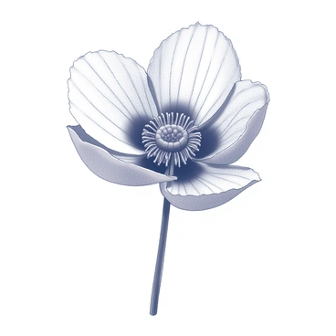 A detailed anemone flower is captured in a traditional ink illustration. The petals are elongated and delicate, with intricate linework emphasizing their texture and natural curves. Each petal displays fine details, including subtle vein patterns. At the center of the flower, there are numerous stamens, outlined with precision to showcase their arrangement. The composition is balanced, highlighting the flower's symmetry and elegance, with shadows created through varying line thicknesses.