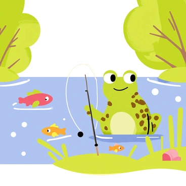 A cartoon-style illustration of a toad sitting on a green patch of grass at the edge of a sparkling blue river. The toad has big, bulging eyes and a textured green body with brown spots. In front of the toad, there is a small fishing rod with a bobber, and the toad is patiently waiting for a fish to bite. The river is surrounded by lush, cartoonish trees with vibrant green leaves. Sunlight reflects off the water, creating glimmers that add a sense of calmness to the scene. A few colorful fish can be seen swimming beneath the surface of the river.