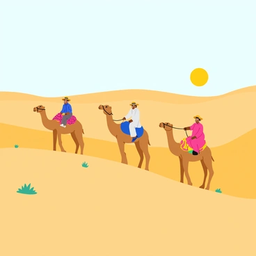 A group of three figures riding camels across a vast desert landscape. The camels have sandy-colored fur and are adorned with colorful patterned saddles. The figures are wearing flowing, light-colored clothing and wide-brimmed hats to shield themselves from the sun. The desert is expansive, with rolling sand dunes that stretch toward the horizon. The sun is high in the sky, casting bright light across the scene, and creating soft shadows on the sand. A few tufts of sparse vegetation are scattered across the dunes.