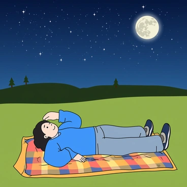 A person with dark hair and light skin is lying on a large checkered blanket spread out on the grass in a rural field. They are wearing a cozy blue sweater and comfortable jeans. The blanket is decorated with a variety of colorful patterns. Above them, the night sky is filled with bright twinkling stars and a large full moon casting a gentle glow. The person is gazing up with a look of wonder, one arm stretched out beside them and the other resting on their forehead to shield their eyes. In the background, silhouettes of distant hills and a few scattered trees can be seen against the night sky.