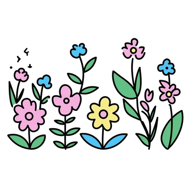 A garden filled with various flowers and plants, all featuring distinct digital vector patterns. The flowers have vibrant colors, including pink, yellow, and blue, meticulously arranged across the garden. Tall green leaves accompany the blossoms, creating a lively contrast. The overall composition is structured, showcasing a variety of shapes and sizes of both flowers and leaves. Each plant displays unique geometric designs that enhance the visual appeal of the garden.