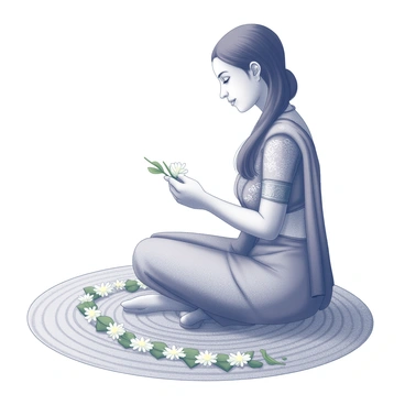 An Indian lady is sitting on a woven mat, skillfully weaving "jasmine flowers" into a garland. She has long, dark hair that is neatly tied back, revealing her focused expression. Her attire consists of a traditional saree, adorned with intricate patterns. The garland she is creating is partially finished, showcasing a series of delicate white "jasmine flowers" intertwined with green leaves. Soft light filters in, highlighting the gentle contours of her face and the delicate nature of the flowers. The atmosphere conveys a sense of calm and dedication to her craft.