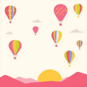 A sky filled with various colorful hot air balloons rising into the air at dawn. The hot air balloons display patterns such as stripes, polka dots, and geometric shapes in bright colors like red, blue, yellow, and green. The background features a soft gradient of orange and pink as the sun begins to rise on the horizon. Some balloons are closer to the ground while others are soaring higher, creating a sense of depth in the scene. Below, a peaceful landscape can be seen, hinting at mountains and fields bathed in the warm light of morning.