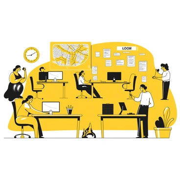 An office filled with multiple desks, each occupied by agents speaking on phones. Some agents are standing while others are seated, focused on their calls. The walls are adorned with various maps, including city maps and transportation routes. There are computers and stacks of paperwork on each desk, adding to the busy atmosphere. A clock is visible on the wall, indicating the time. A bulletin board filled with notes and schedules is also present in the background.