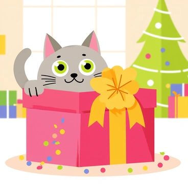 A curious cat with fluffy grey fur is peeking into an open gift box. The cat has wide, bright green eyes and perked ears, showing a surprised expression. The gift box is brightly wrapped in shiny red paper with a large golden bow on top. Colorful confetti spills out of the box, adding a festive touch to the scene. The background features a cozy living room setting with a decorative Christmas tree and twinkling lights.