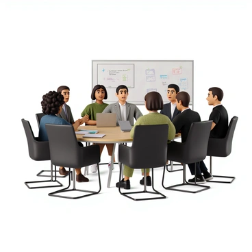 A diverse group of five people is seated around a large, round conference table. There are two women and three men. One woman has curly black hair and is wearing a blue blouse, while the other woman has straight brown hair and is dressed in a green dress. One man has short, wavy hair and is wearing a light gray suit. Another man has a shaved head and is dressed in a dark sweater. The last man has medium-length hair and wears a casual black shirt. 

They are all actively engaging in a spirited discussion, gesturing with their hands and leaning forward in their chairs. On the table, there are notebooks, laptops, and a large notepad with colorful written notes. A whiteboard in the background has scribbles and diagrams related to their mission goals. The atmosphere reflects enthusiasm and collaboration.