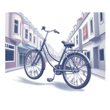 A bicycle with a unique design, featuring film rolls as wheels, is positioned prominently. The frame of the bicycle has delicate curves and is adorned with intricate details, hinting at a whimsical theme. The bicycle is in motion, with the film rolls creating a sense of movement as they spin. The street surrounding the bicycle is lively, lined with charming buildings that showcase a variety of architectural styles. Each structure has distinct features such as balconies, decorative window frames, and vibrant awnings. The scene captures the dynamic essence of a colorful street, filled with a sense of playfulness and creativity.