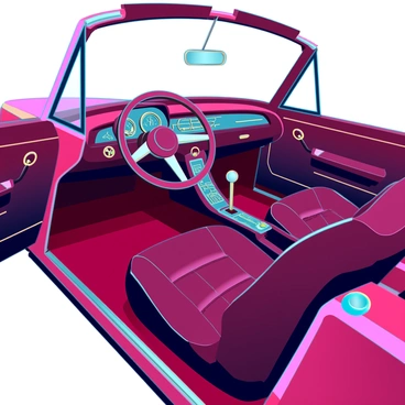 A luxurious classic car interior featuring plush leather seats in deep burgundy. The seats are elegantly stitched, showcasing intricate patterns. The dashboard is adorned with gold accents, gleaming under soft ambient lighting. A vintage steering wheel with polished wood and gold trim complements the interior. The gear shift is elegantly designed, crafted with fine materials. Rich wooden panels line the doors, enhancing the classic feel. Soft, ambient lighting highlights the curves and contours of the interior, creating a warm, inviting atmosphere.