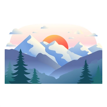 A wide view of majestic snow-capped mountains in the Rocky Mountain range is illuminated during sunrise. The peaks are covered in a thick layer of white snow, contrasting against the dark rocky surfaces beneath. The sky is painted with soft hues of orange and pink as the sun rises on the horizon, casting a warm glow on the mountain tops. In the foreground, there are evergreen trees that rise up, their dark green foliage providing a stark contrast to the bright colors of the sky. A few wispy clouds drift lazily in the sky, enhancing the tranquil atmosphere of the early morning.