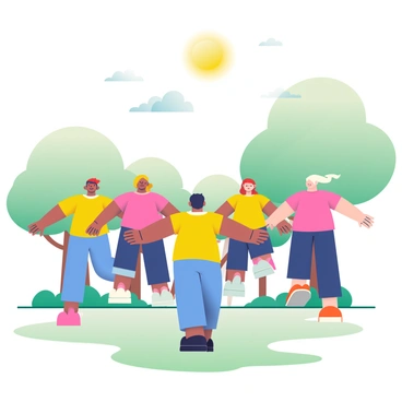 A diverse team of five individuals is engaged in a fun outdoor team-building activity. They are participating in a trust fall exercise, where one person is standing with their back to the ground, preparing to fall backward. The members of the team are positioned behind them with outstretched arms, ready to catch them. The scene is set in a green park surrounded by trees, and the sun is shining brightly overhead, casting soft shadows on the grass. The team members are wearing matching bright-colored t-shirts for easy identification. A light breeze is gently rustling the leaves above them.