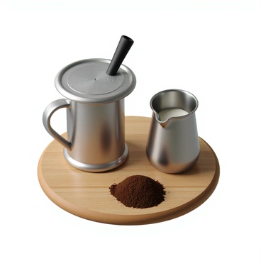 A stainless steel portafilter with a shiny surface and a black plastic handle, resting on a wooden countertop. Next to it, there is a sleek stainless steel milk pitcher with a spout, filled with cold milk. The setup is complete with a small pile of freshly ground coffee next to the portafilter, ready to be brewed. Soft light casts gentle shadows, highlighting the polished surfaces of the portafilter and pitcher.