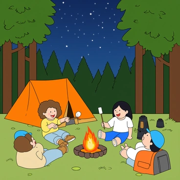 A group of four children sitting around a small, crackling campfire, located in a dense forest surrounded by tall trees with green foliage. Two of the children are holding long sticks with marshmallows skewered at the ends, toasting them over the flames. One child has curly brown hair and is wearing a yellow t-shirt, while the other has straight black hair and a blue cap. The other two children are lying on their backs on a soft patch of grass, gazing up at the night sky filled with twinkling stars. One of them is pointing excitedly at a constellation, while the other has a wide smile on their face. A cozy tent can be seen in the background, along with a few scattered camping gear items like backpacks and a lantern.