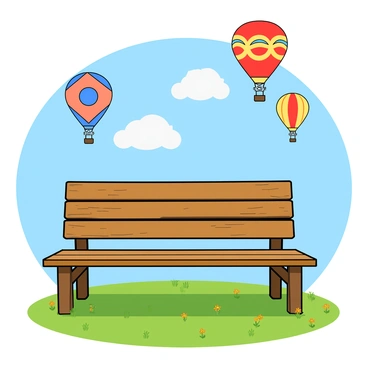 A bench in a field with colorful hot air balloons floating in the sky