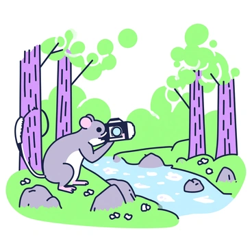 A small mouse with gray fur is holding a tiny camera in its paws, focusing on a beautiful scene in a forest. The mouse stands on its hind legs, intently looking through the viewfinder. Around it, there are tall trees with textured bark and a variety of green leaves, some illuminated by dappled sunlight. On the forest floor, there are patches of grass and small wildflowers. In the background, a gentle stream flows with a few smooth stones visible. The mouse has a look of concentration as it prepares to capture a photograph of its surroundings.