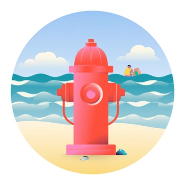 A red fire hydrant is standing on a sandy beach, contrasting sharply with the light golden sand. In the background, gentle waves are rolling in from the ocean, creating a rhythmic pattern. The sky is a vibrant blue with a few fluffy white clouds scattered throughout. Beachgoers can be seen at a distance, enjoying the warm sunlight. A few seashells are scattered around the base of the hydrant, adding detail to the scene. The overall composition captures the unusual juxtaposition of the fire hydrant against the beach setting.
