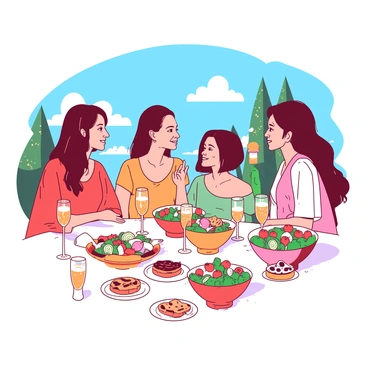 A bright scene of a weekend brunch table set outdoors under a clear blue sky. On the table, there are multiple clear glasses filled with orange mimosas, sparkling in the sunlight. Fresh salads are arranged in colorful bowls, displaying vibrant greens, cherry tomatoes, and cucumbers. Friends are gathered around the table, smiling and engaged in lively conversation, with one person leaning in to listen intently. A few plates of pastries and fruits are scattered across the table, adding to the inviting atmosphere of the gathering.