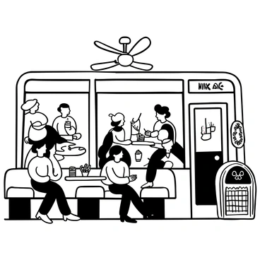 A retro-style local diner with people enjoying milkshakes and burgers